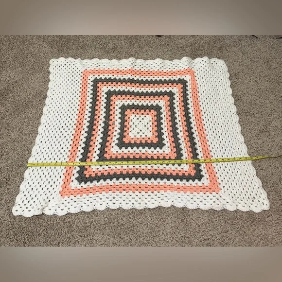 Handmade Crochet Square Throw Blanket in White, Coral & Gray - Picture 1 of 2